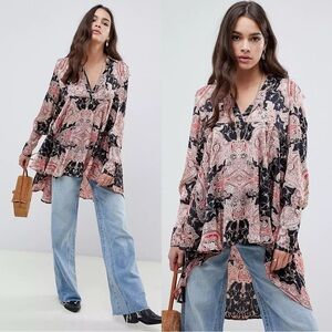 Free People • Field Of Butterflies Tunic top mini dress high low satin paisley